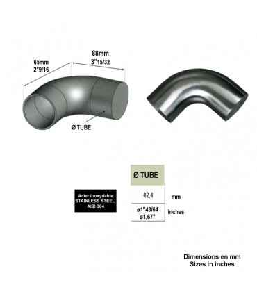 Finition coudée 90° Ø42,4mm INOX304 pour rampes en bois