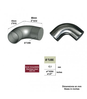 Finition coudée 90° Ø42,4mm INOX316 pour rampes en bois