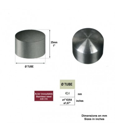 Finition embout plat Ø42,4mm INOX316 pour rampes en bois