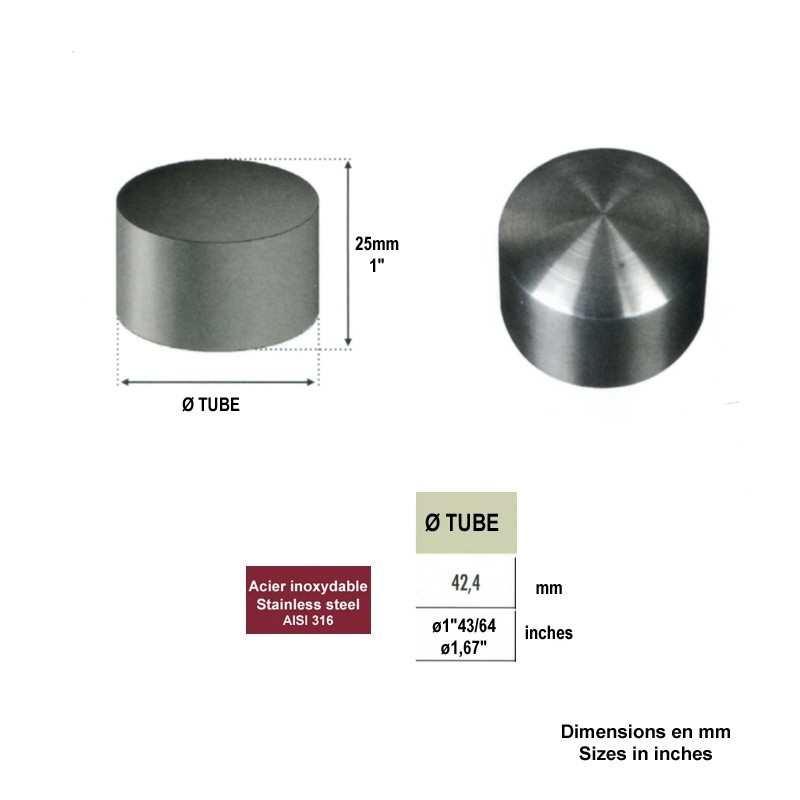 Finition embout plat Ø42,4mm INOX316 pour rampes en bois