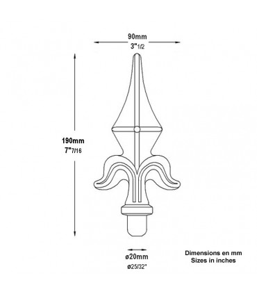 Pointe de lance 190mm diametre 20mm forme de lys estampée acier
