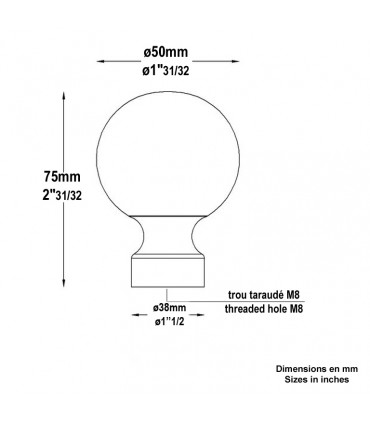 Boule de rampe d'escalier 75mm fixation M8 en laiton poli verni pour escaliers