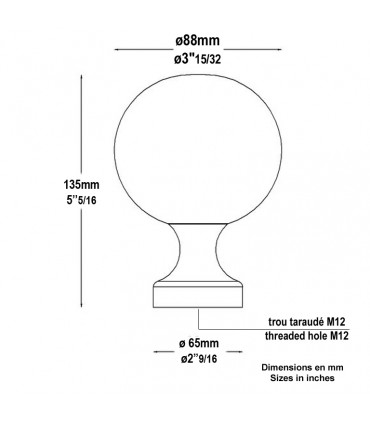 Boule départ d'escalier 130mm fixation M12 en laiton poli verni pour escaliers