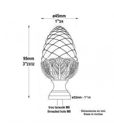 Boule départ d'escalier 95mm fixation M8 en forme de pomme pin laiton poli