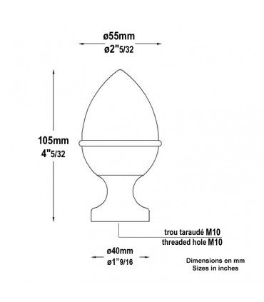 Boule départ d'escalier 105mm fixation M10 en forme de pomme de pin lisse