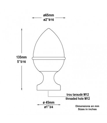 Boule départ d'escalier 135mm fixation M12 en forme de pomme de pin lisse