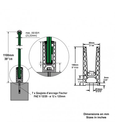 Profil aluminium anodisé pour garde-corps en verre avec fixation au sol
