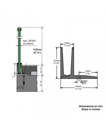 Profil en U aluminium pour garde corps en verre fixation au sol décalée
