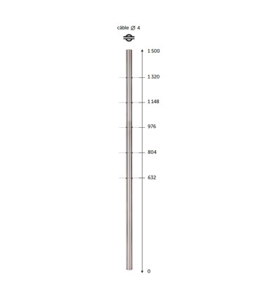 Poteau 40x40mm intermédiaire fixation à l'anglaise, pour montage cable traversant ø4mm INOX 316