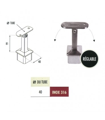 Support pivotant de main courante Ø42,4mm et poteau 40x40mm INOX316