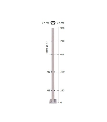 Poteau 40x40mm intermédiaire percé pour montage cable traversant ø4mm et verre. INOX 316