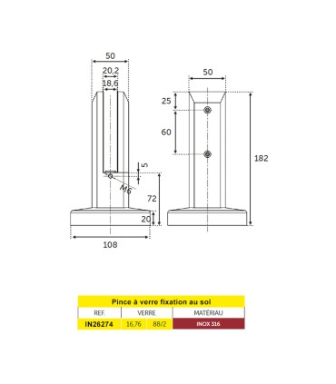 Spigot - Pince à verre fixation sol en inox 316 pour verre epr 16,76mm.