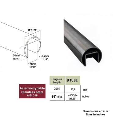 Main courante ronde Ø42,4mm pour garde corps en verre inox 316
