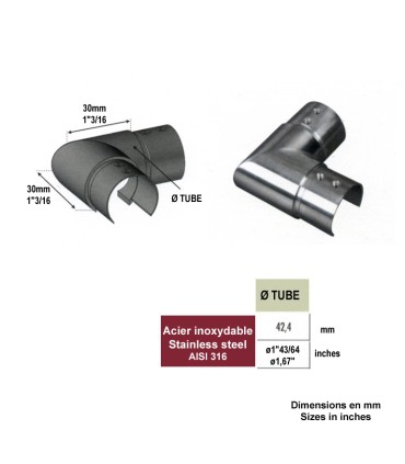 Coude 90° horizontal de main courante inox 316 ronde Ø42,4mm