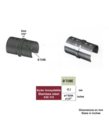 Union droit de main courante inox 316 ronde Ø42,4mm