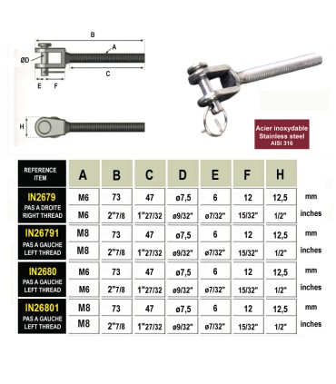 Chape standard filetée M6 pas à droite ou gauche pour tendeur de câble