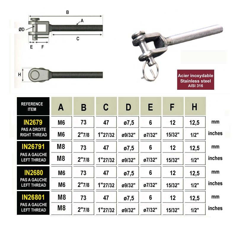 Pack de tendeurs et chapes en inox pour câble 6mm