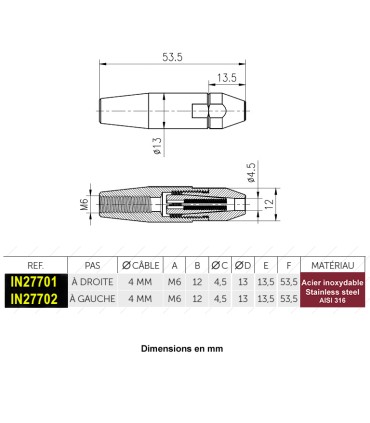 Tendeur inox à visser pas à droite ou gauche pour câble Ø4 mm