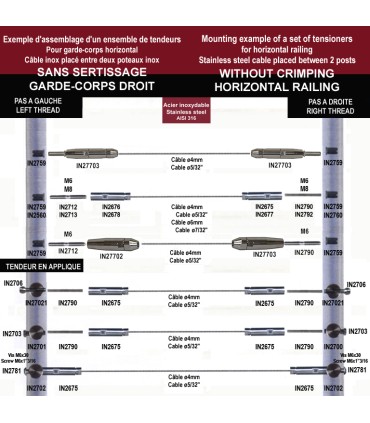 Tendeur inox à visser pas à droite ou gauche pour câble Ø4 mm
