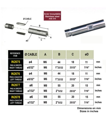 Fixation inox à visser pas à droite ou gauche pour câble Ø4 ou 6mm