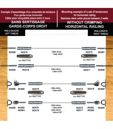 Fixation inox à visser pas à droite ou gauche pour câble Ø4 ou 6mm