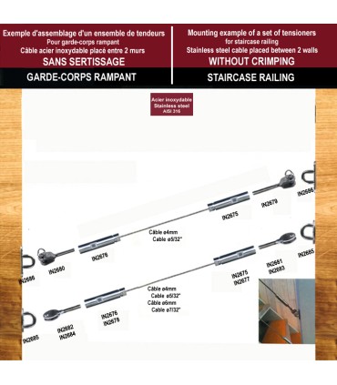 Fixation inox à visser pas à droite ou gauche pour câble Ø4 ou 6mm