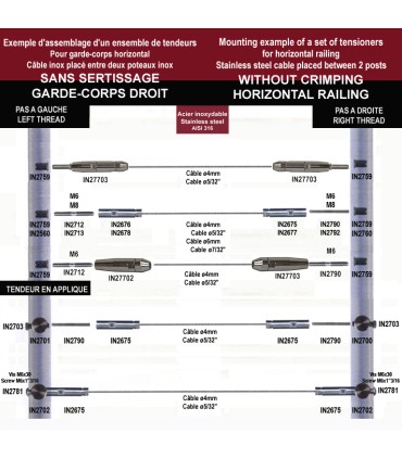 Fixation inox à visser pas à droite ou gauche pour câble Ø4 ou 6mm
