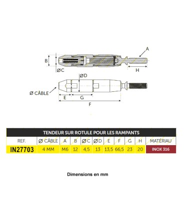 Tendeur sur rotule pour rampants inox à visser pour câble Ø4mm