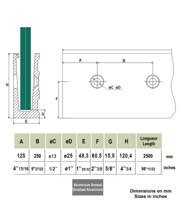 Profil aluminium pour verre de 88-4 garde corps fixation à l'anglaise