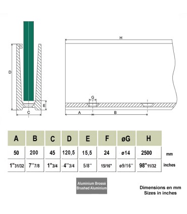 Profil aluminium pour verre de 66-2 pour garde-corps fixation au sol