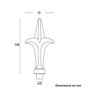 Pointe de lance 145mm embout de 16mm en aluminium pour portails et clotures