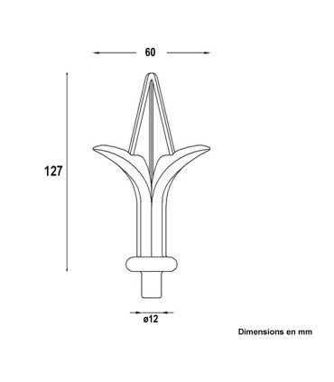 Pointe de lance 127mm embout de 12mm en aluminium pour portails