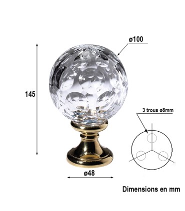 Boule départ d'escalier 100mm embase D58mm pommeau cristal hauteur 145mm