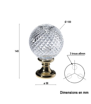 Boule départ d'escalier 100mm embase D58mm pommeau cristal hauteur 145mm