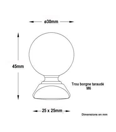 Pommeau sphérique hauteur 45mm ø30mm embase carrée 25x25mm, pommeau pour poteau ou escalier en acier forgé