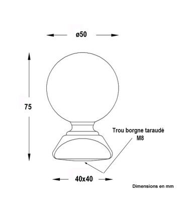 Pommeau sphérique hauteur 75mm ø50mm embase carrée 40x40mm, pommeau pour poteau ou escalier en acier forgé