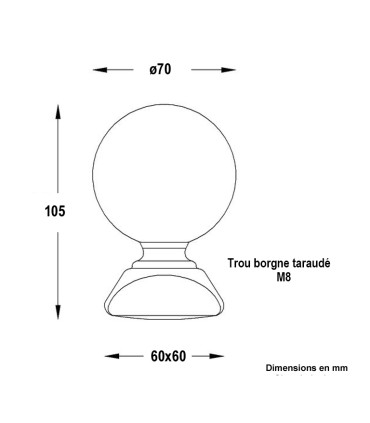 Pommeau sphérique hauteur 105mm ø70mm embase carrée 60x60mm, pommeau pour poteau ou escalier en acier forgé