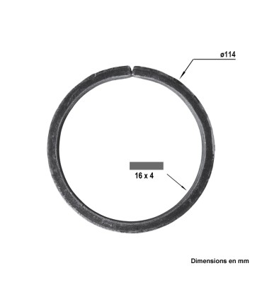Cercle diamètre 114mm ext plat de 16x4mm en acier roulé non soudé.
