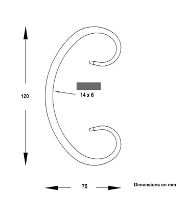 Volute en C 120x75mm en plat de 14x6mm symétrique extrémités pattes d'oie