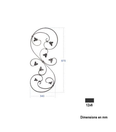 Panneau  870x340mm plat de 12x6mm extrémités en forme de feuilles