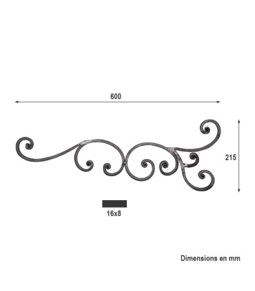 Volute assemblée 600x215mm plat de 16x8mm extrémités forgées à chaud en enroulement