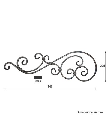 Volute assemblée 740x225mm plat de 20x8mm extrémités forgées à chaud en queue de carpe
