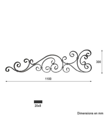 Couronnement de portail 1100x300mm plat de 20x8mm extrémités forgées à chaud en queue de carpe