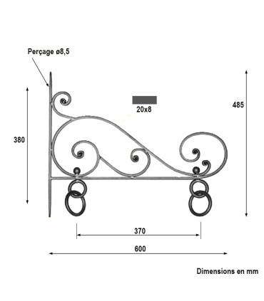 Potence publicitaire L600mm x H485mm en plat de 20x8mm acier forgé en enroulement