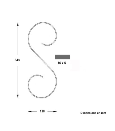 Volute en S 343x110mm en plat de 16x5mm acier roulé avec extrémités lisses