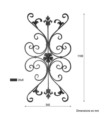 Panneau décoratif art déco 1100x540mm plat de 20x8mm volutes martelées queue de carpe