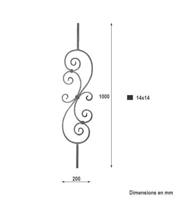 Balustre type art-déco 1000x200mm carré de 14x14mm volute martelées chevrons en acier grenaillé