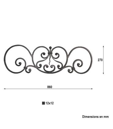 Panneau décoratif ART DECO 860x270mm carré 12x12mm volutes martelées extrémités façon noyaux