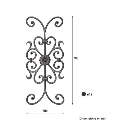 Panneau décoratif ART DECO 700x300mm rond ø12mm volutes martelées extrémités façon noyaux