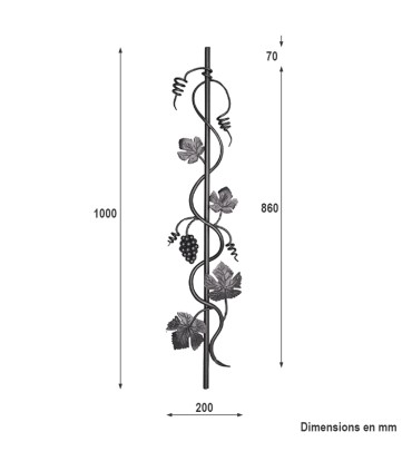 Balustre décoratif vigne et raisin 1000x200mm rond ø16mm
